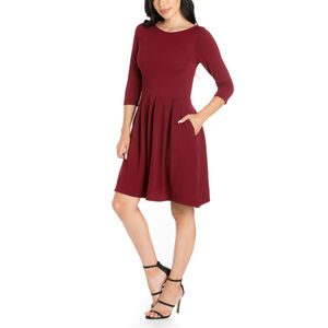 24seven Comfort Apparel Small Burgundy Fit & Flare Pocket Midi Dress NWT